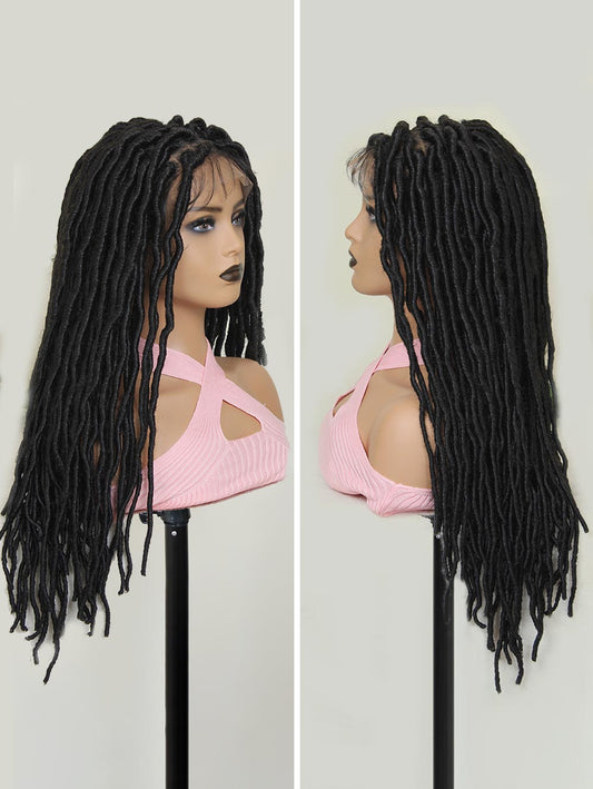 Lounoke 26" Full Double Lace Knotless Square Faux Locs Braided Wig--Dreadlock Handmade Synthetic Wig